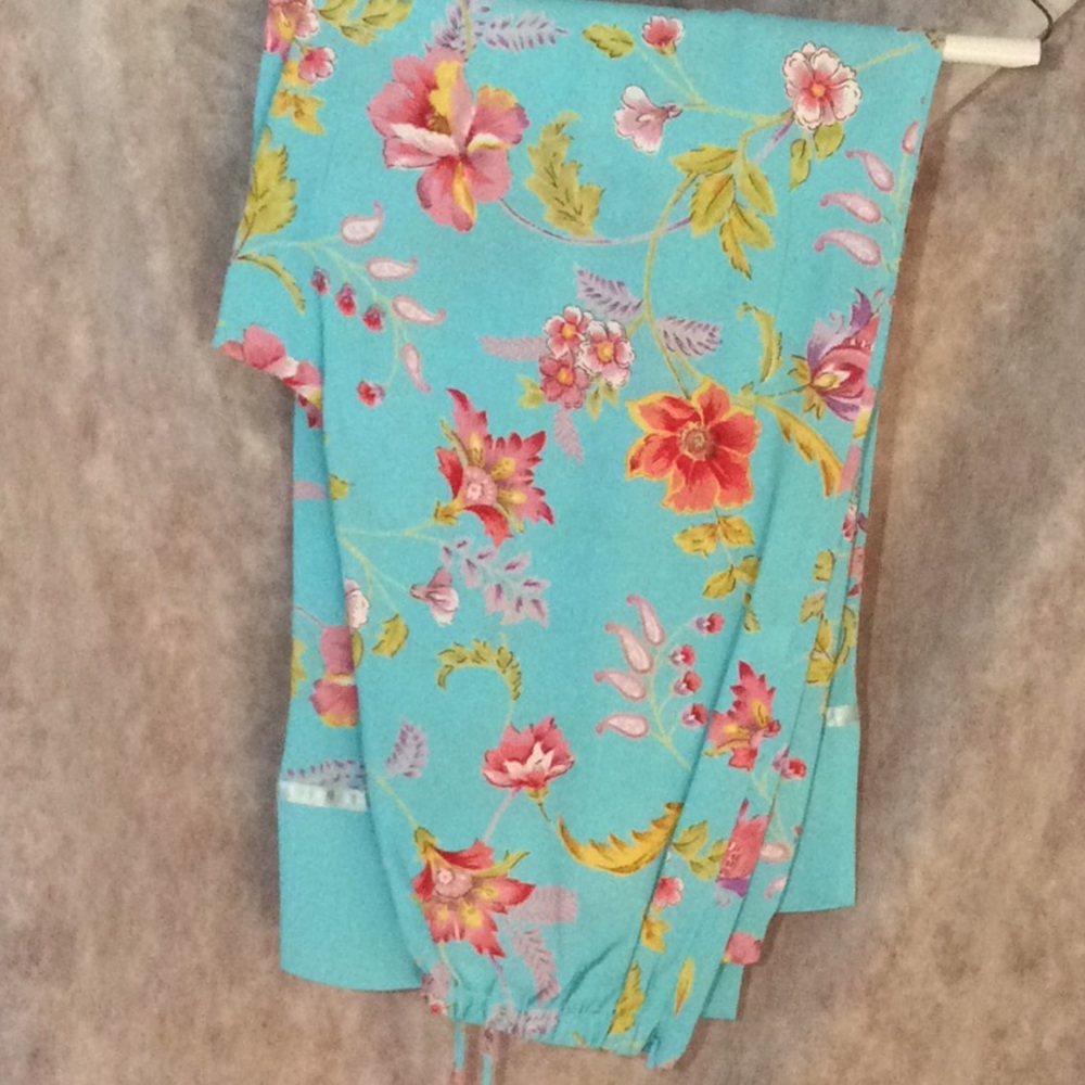 Pants Jacobean Floral Capri Pants Aqua Coral Floral